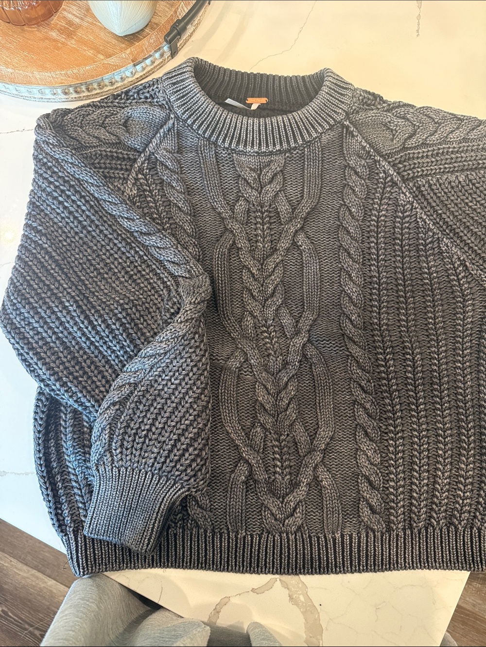 Free People womens Charcoal Cable Knit Crewneck Sweater